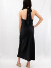 satin black high neck halter dress on model from back