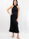 satin black high neck halter dress on model