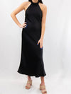 satin black high neck halter dress on model
