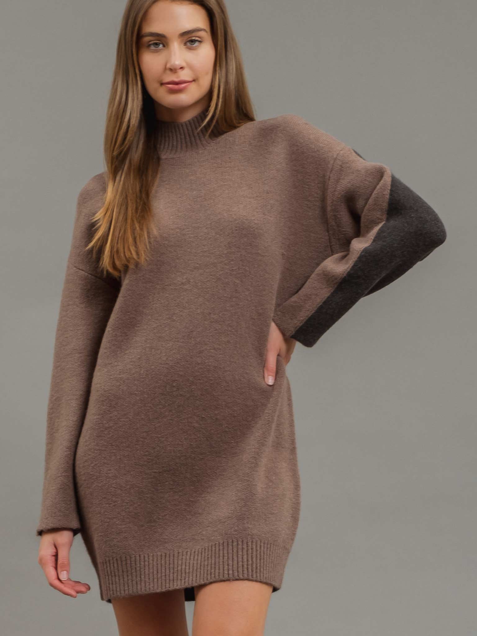 Blu Pepper Women's Colorblock Mock Neck Long Sleeve Sweater Dress - Brown - Mini dresses Blu Pepper Women's Colorblock Mock Neck Long Sleeve Sweater Dress - Brown - Mini dresses
