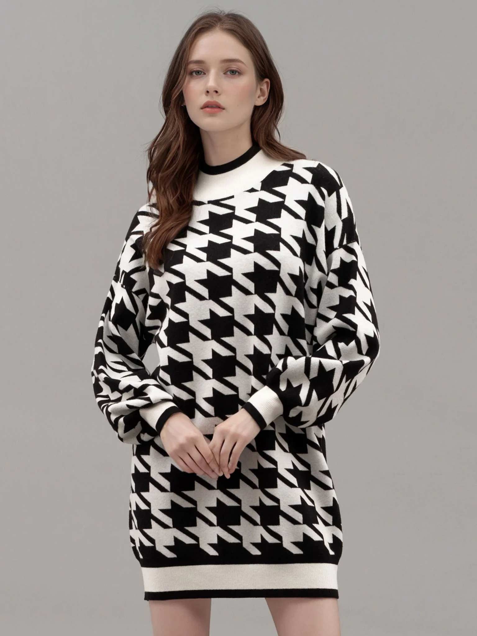 Mock Neck Houndstooth Sweater Dress – Black & Ivory Mini Knit Dress S