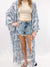 blue and white paisley kimono on model