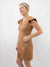 suede look brown dress on model from side