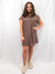collared brown button style shirt dress on model