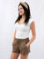 brown linen drawstring shorts on model