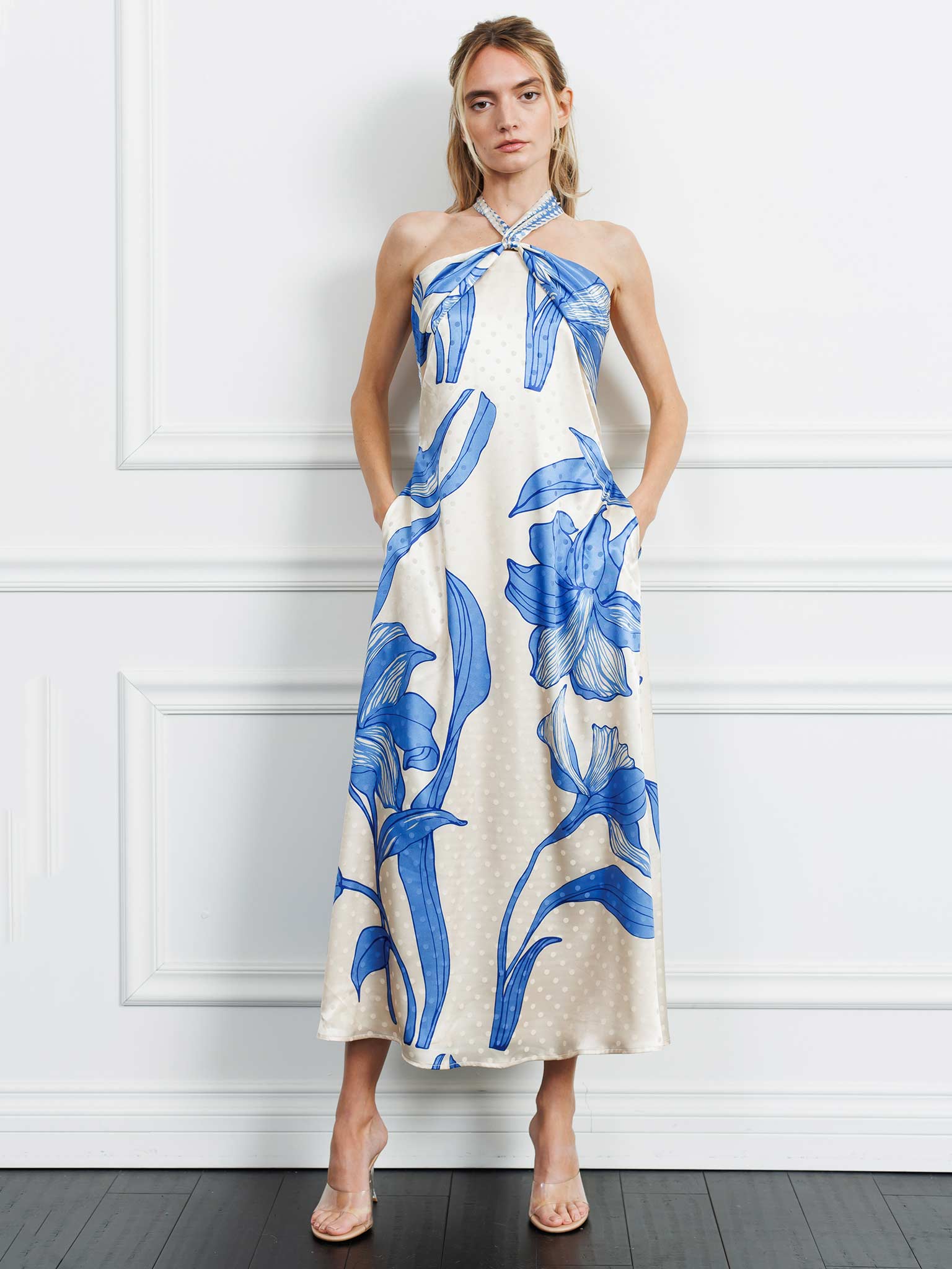 CIEBON Runie Floral Satin Halter Dress in Blue at Nordstrom, Size Small