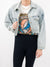cropped denim jacket on model with graphic tee