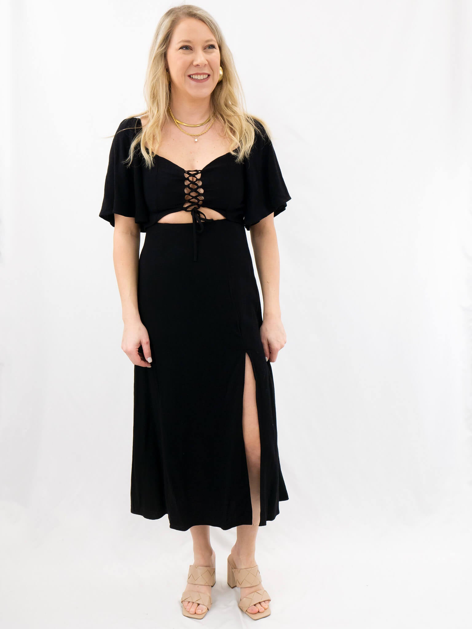 white christmas dresses Black Cutout Flutter Sleeve Corset Dress M