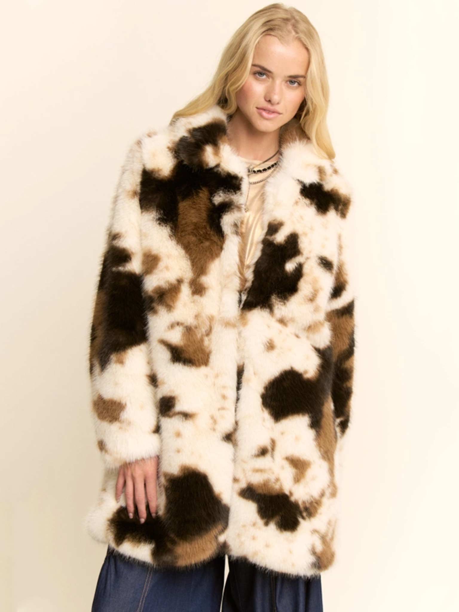 Tricolor Faux Fur Coat – Cowhide Print Statement Jacket by Davi