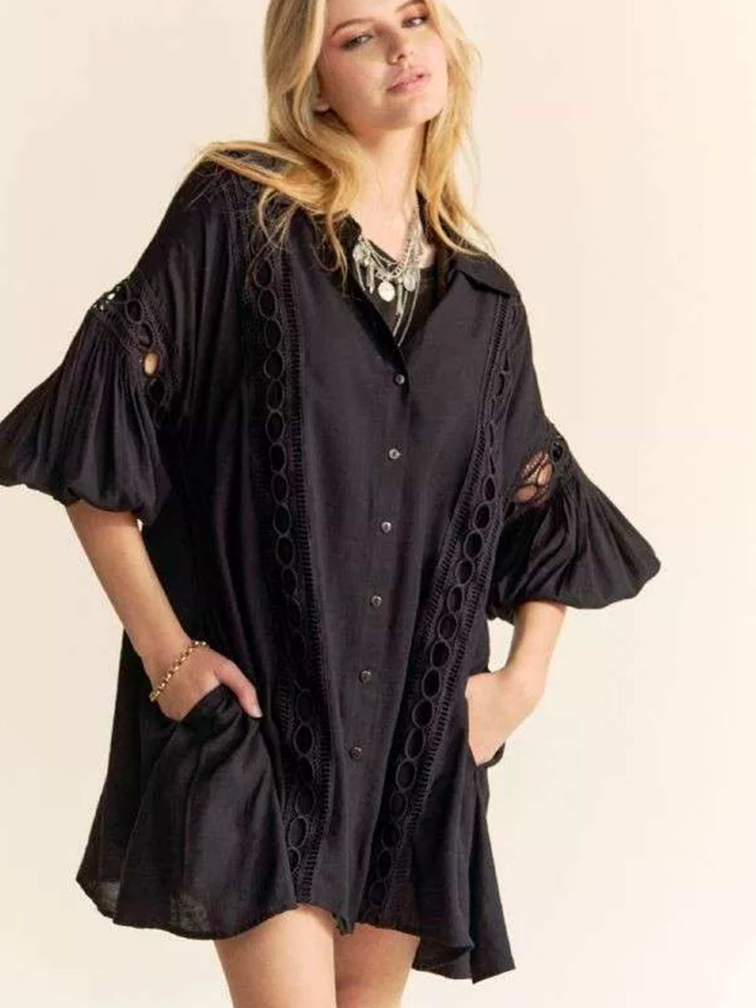 Black Crochet Loose Fit Button Down Shirt Dress | Davi and Dani S