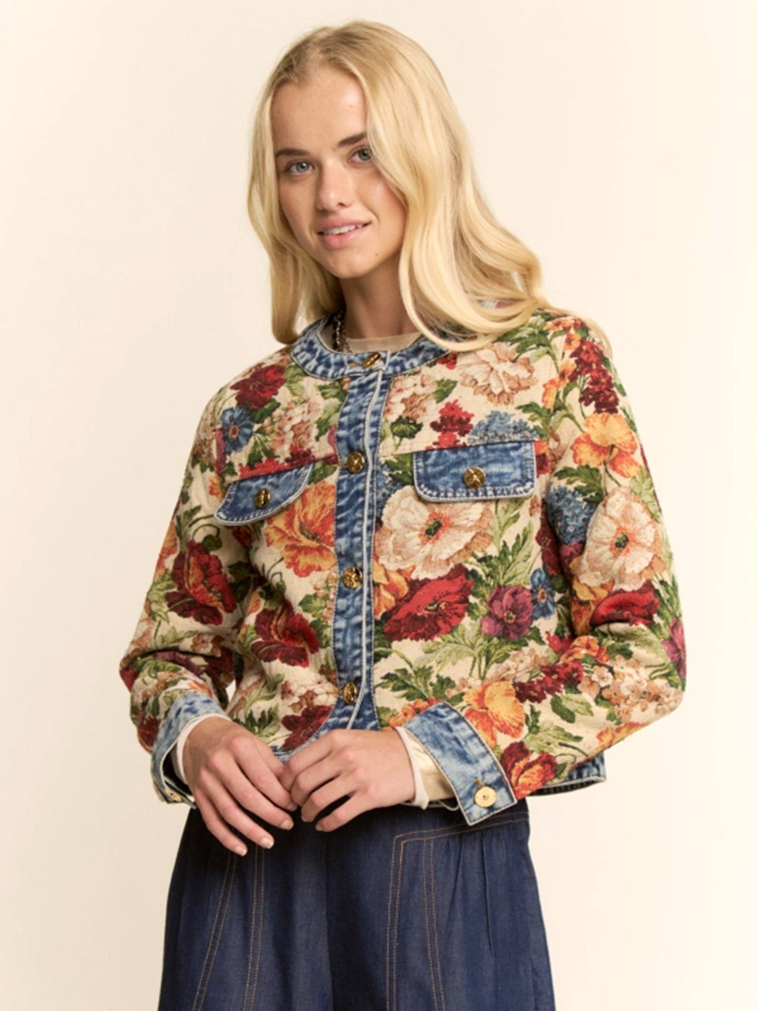 Floral Tapestry Jacket with Denim Trim by Davi & Dani – Casual