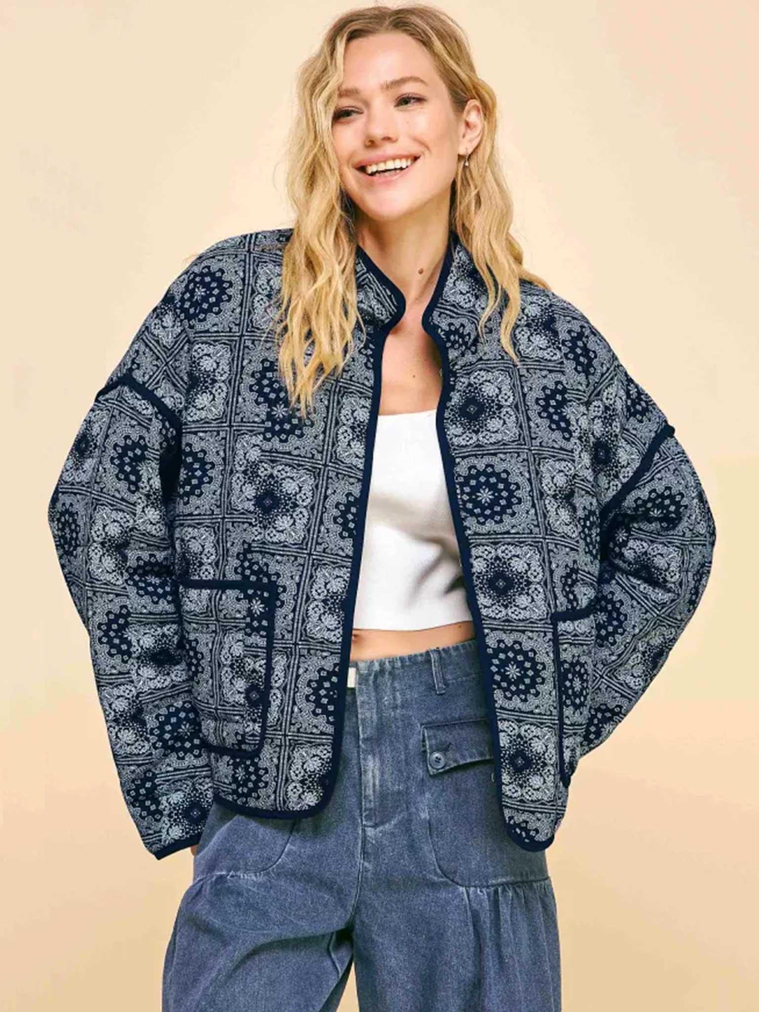 Quilted Bandana Print Jacket – High Neck Loose Fit Padded Layer