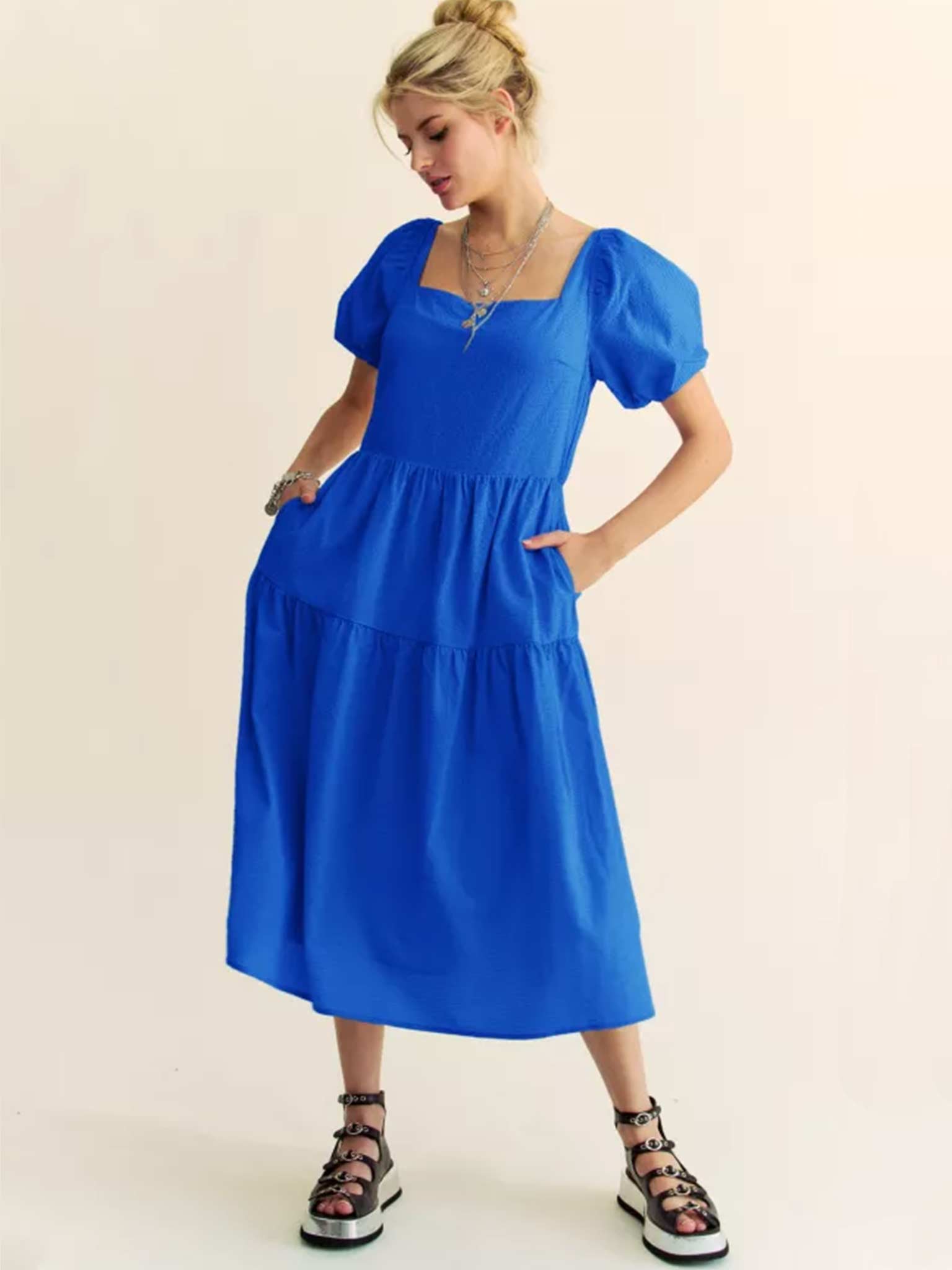 Textured Blue Puff Sleeve Midi Dress – Casual Camel Boutique