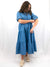 denim style midi dress with pearl embellished sleeves from front on model focused on puff pearl sleeves