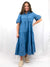 denim style midi dress with pearl embellished sleeves from front on model