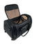 black quilted luxury style duffle bag with wheels from top open