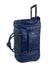 greek navy luxury duffle bag with wheels standing from side with handle