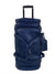 greek navy luxury duffle bag with wheels standing with handle out