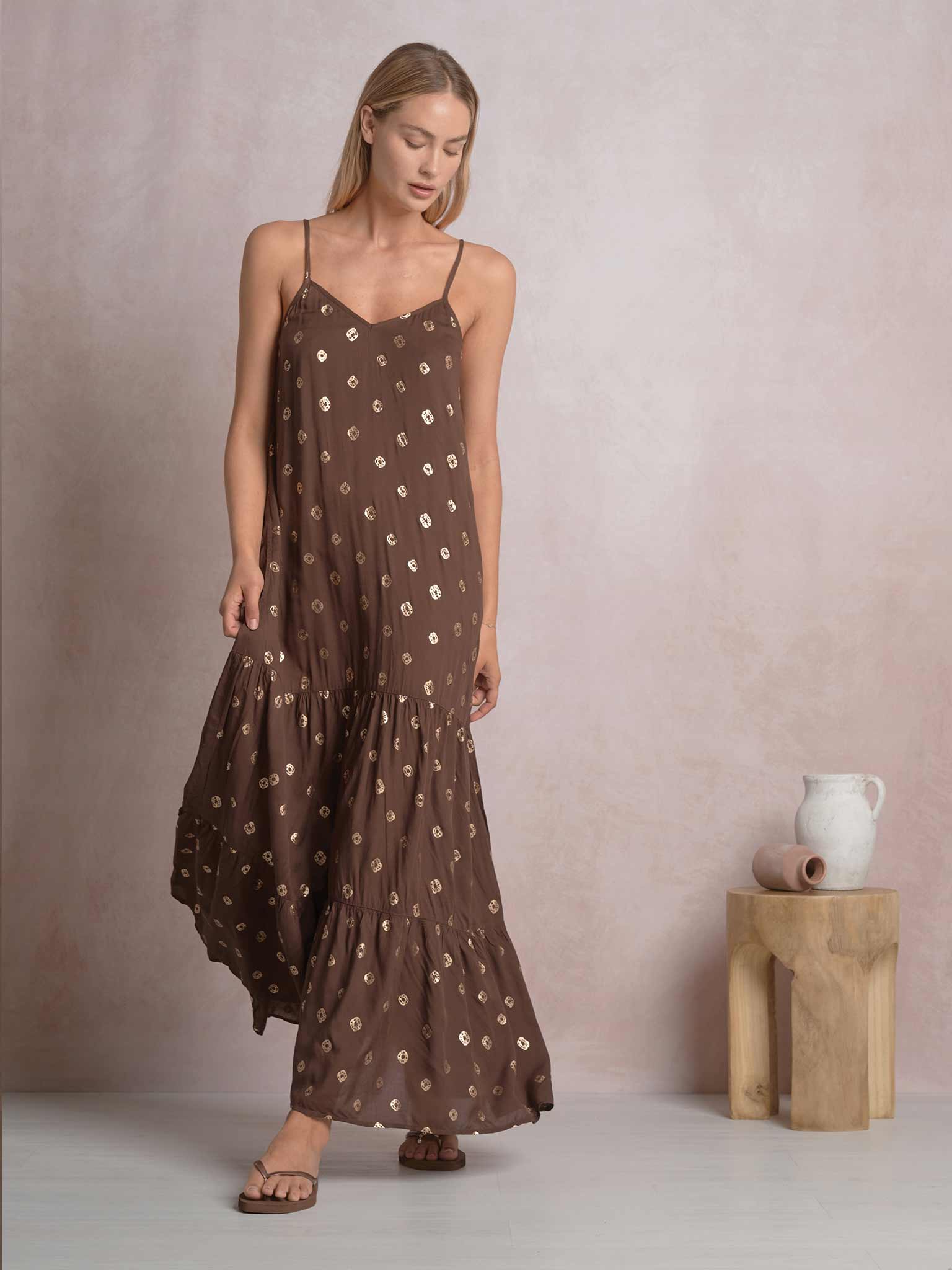 Brown Metallic Dot Maxi Cover-Up Dress
