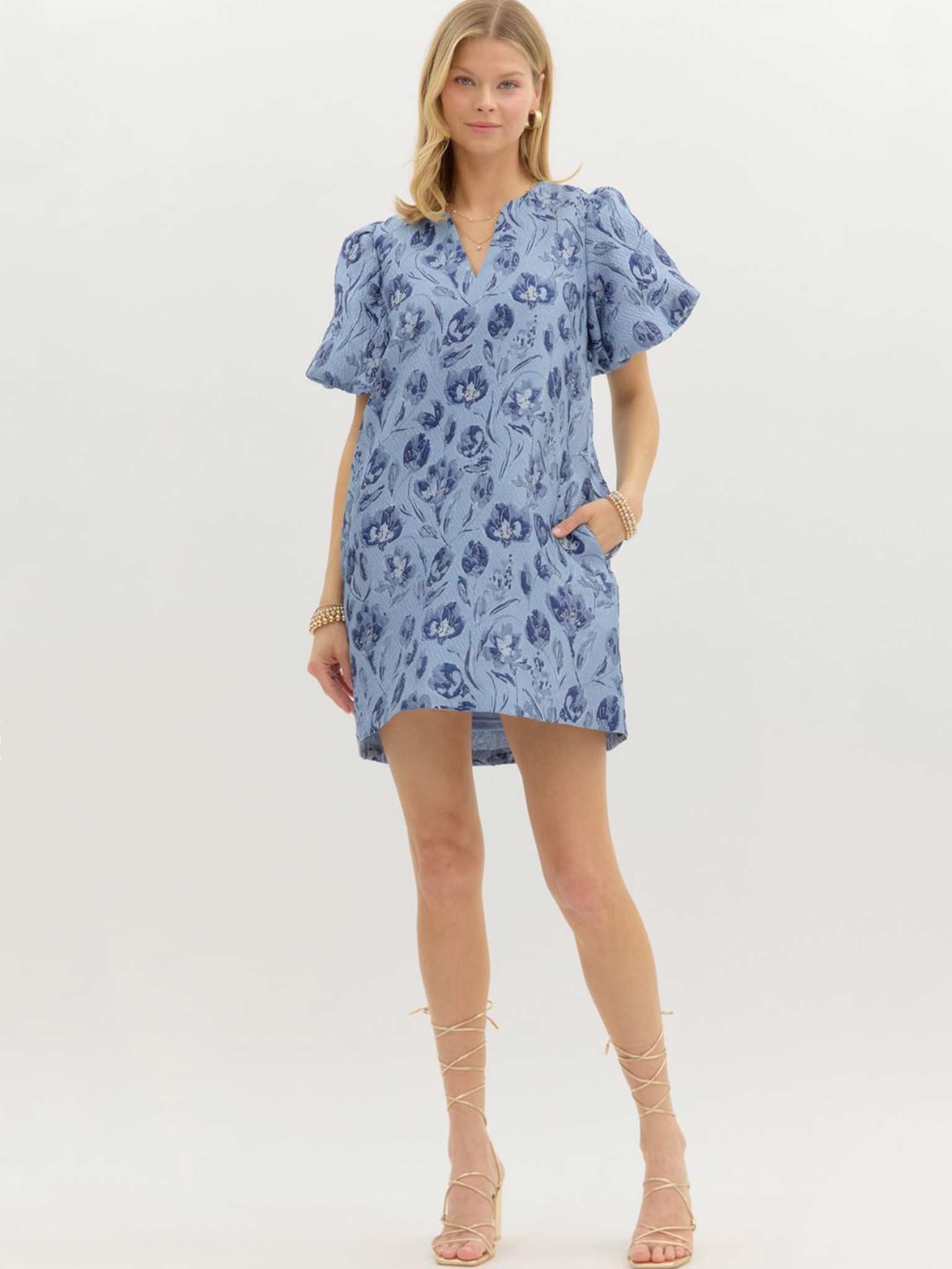 Garden Breeze Jacquard Mini Dress by Entro Blue / M Garden Breeze Jacquard Mini Dress by Entro Blue / M