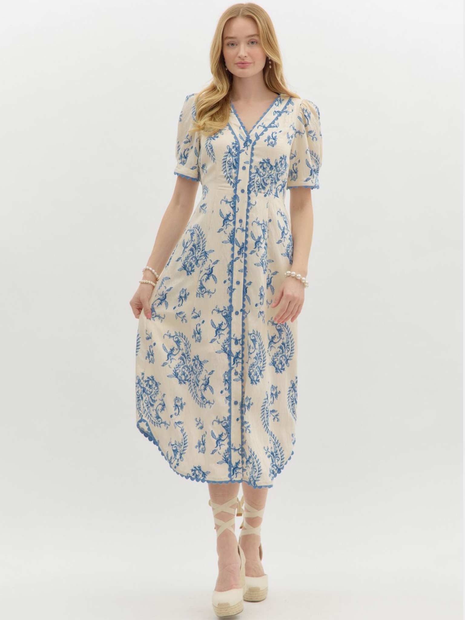 Paisley Blue Scallop Trim Midi Dress