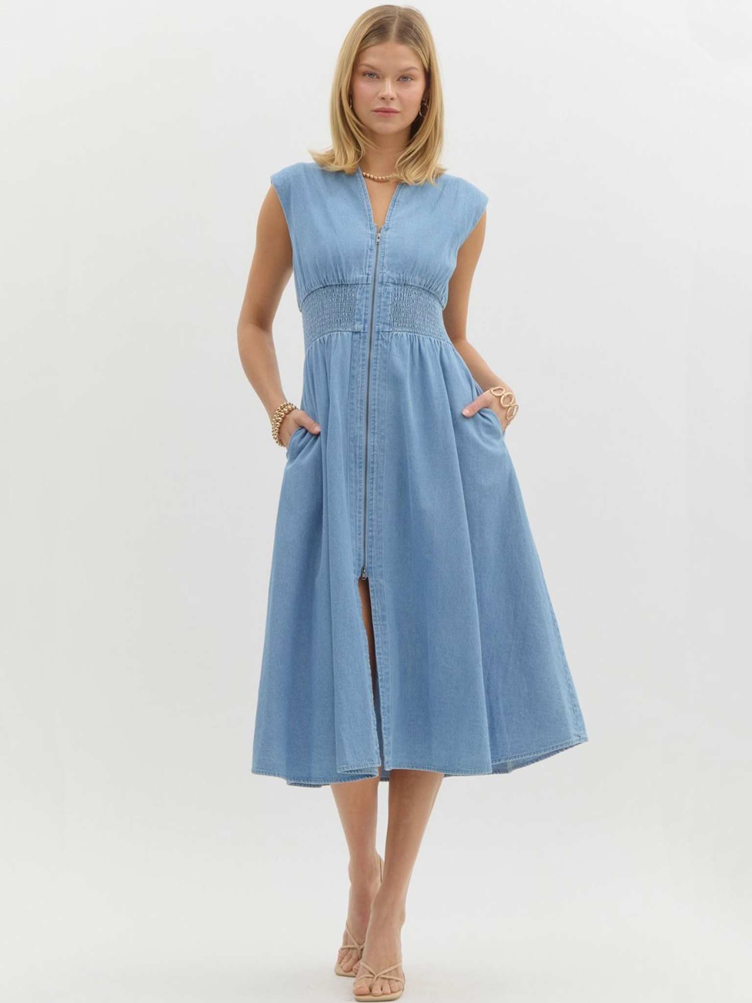 entro denim dress Sleeveless Midi Light Blue / L Fabric:Rayon Pockets at side kyle by shahida 250 Best Bridesmaids in
