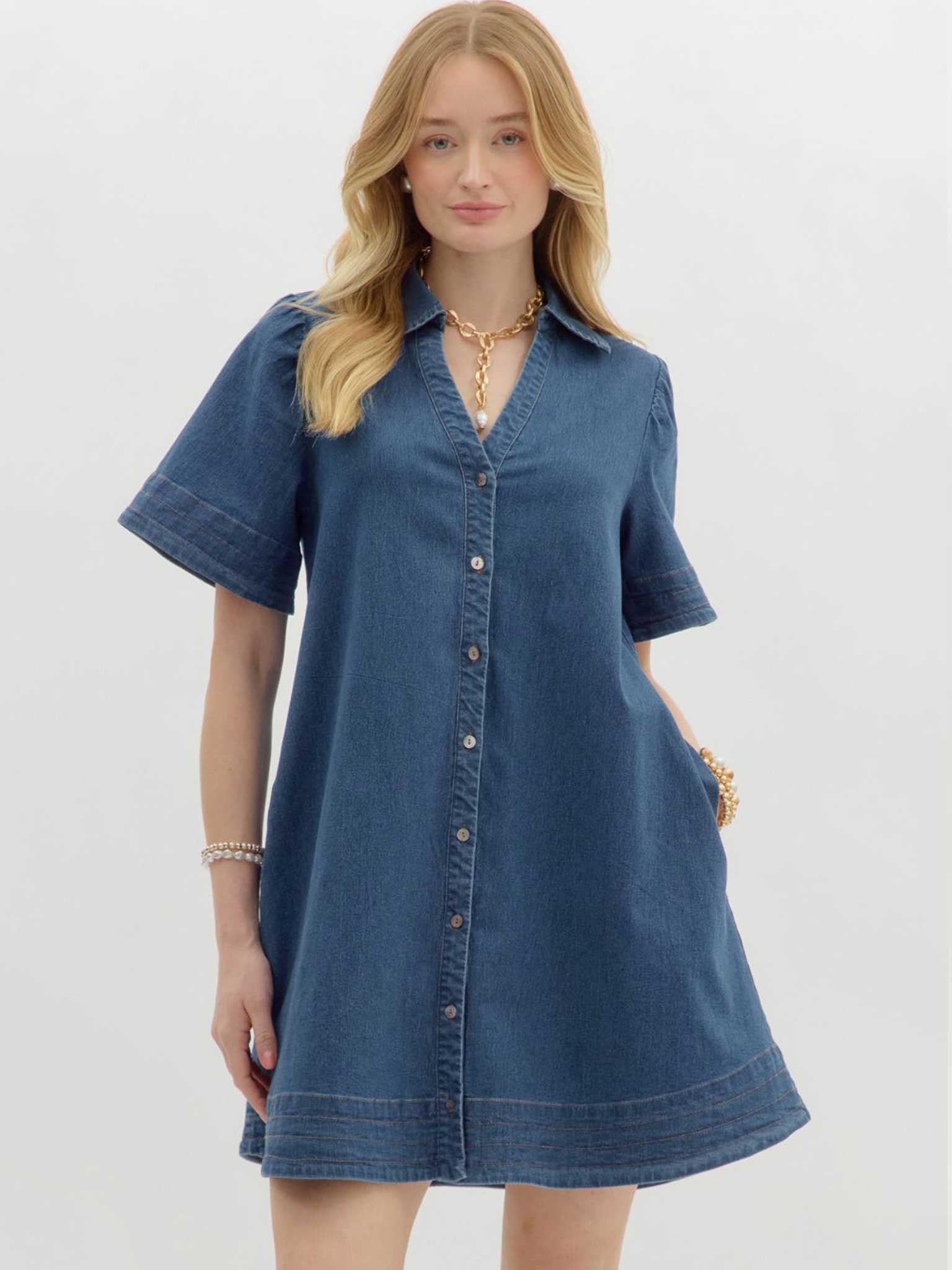 white christmas dresses Denim V Neck Midi Zip Dress – The Empire Collection