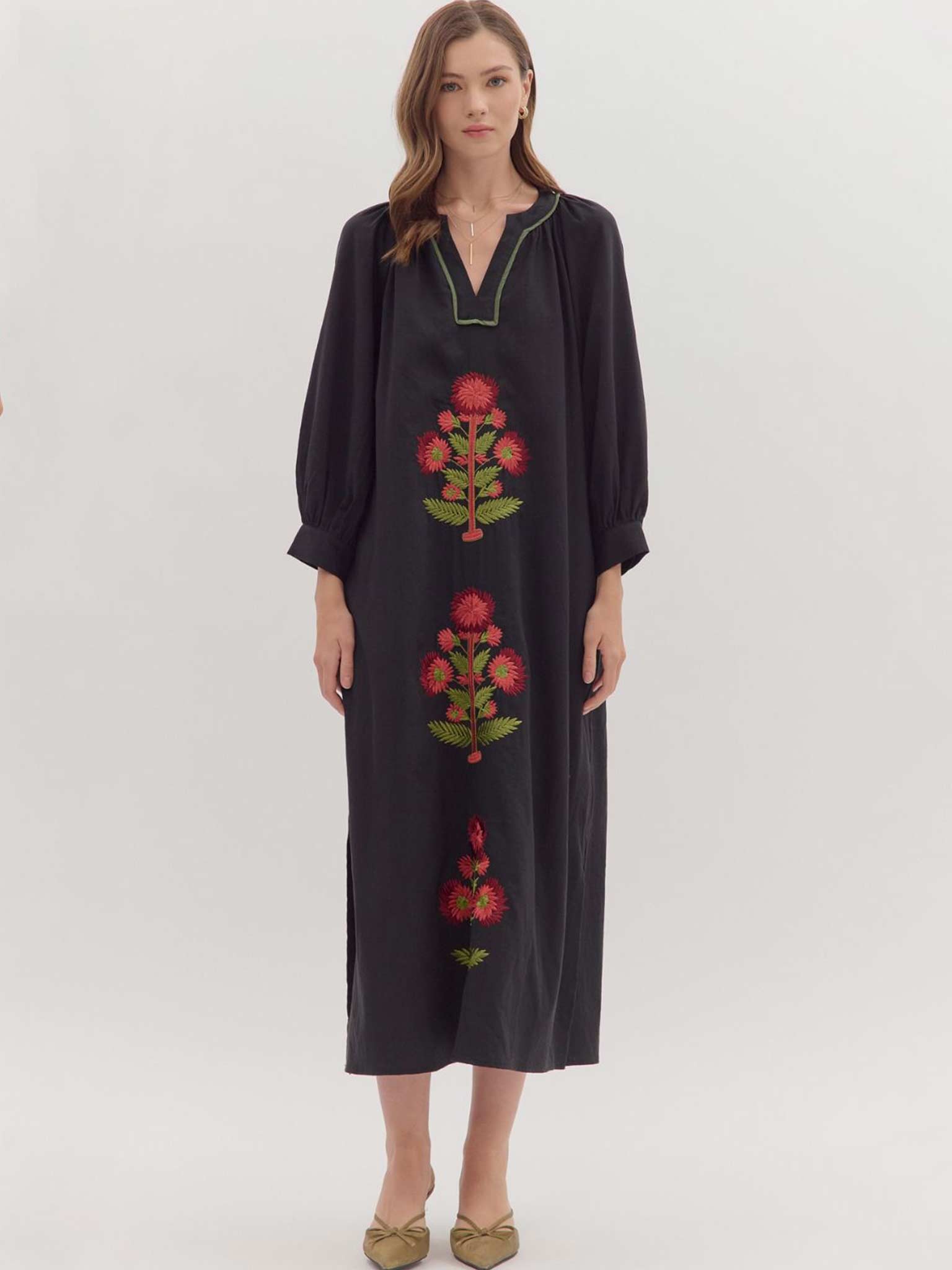 entro embroidered dress Floral Maxi – Black Long Sleeve Dress with V-Neck and Side Slits L DRESSER HILL ICE CREAM and full lining make strapless satin gown black Silk Satin Colors:Grey 772