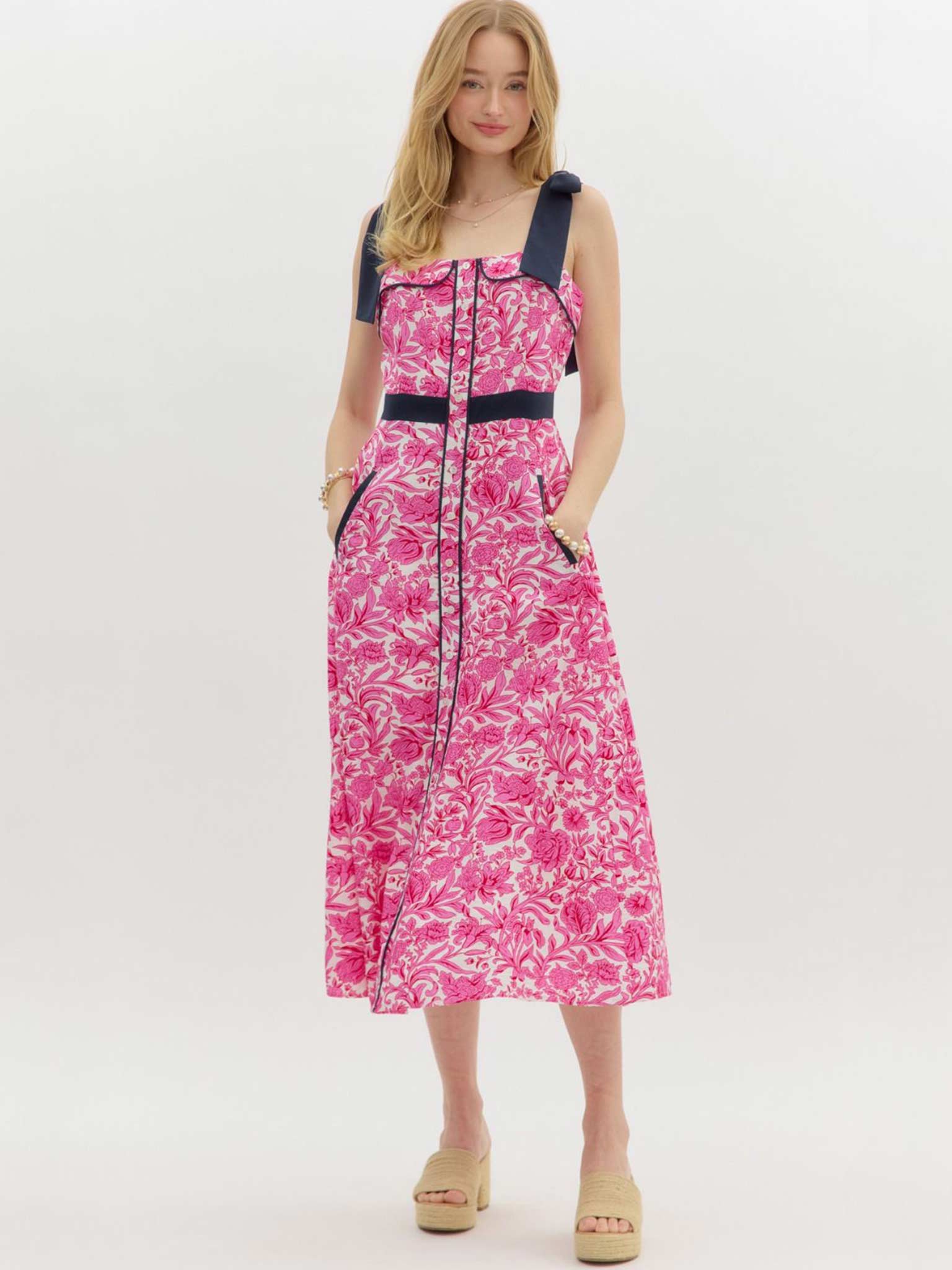 knee length dresses for ladies Floral Cotton Maxi Dress- Short Sleeve Dresses for Women- Entro Midi Dress Medium