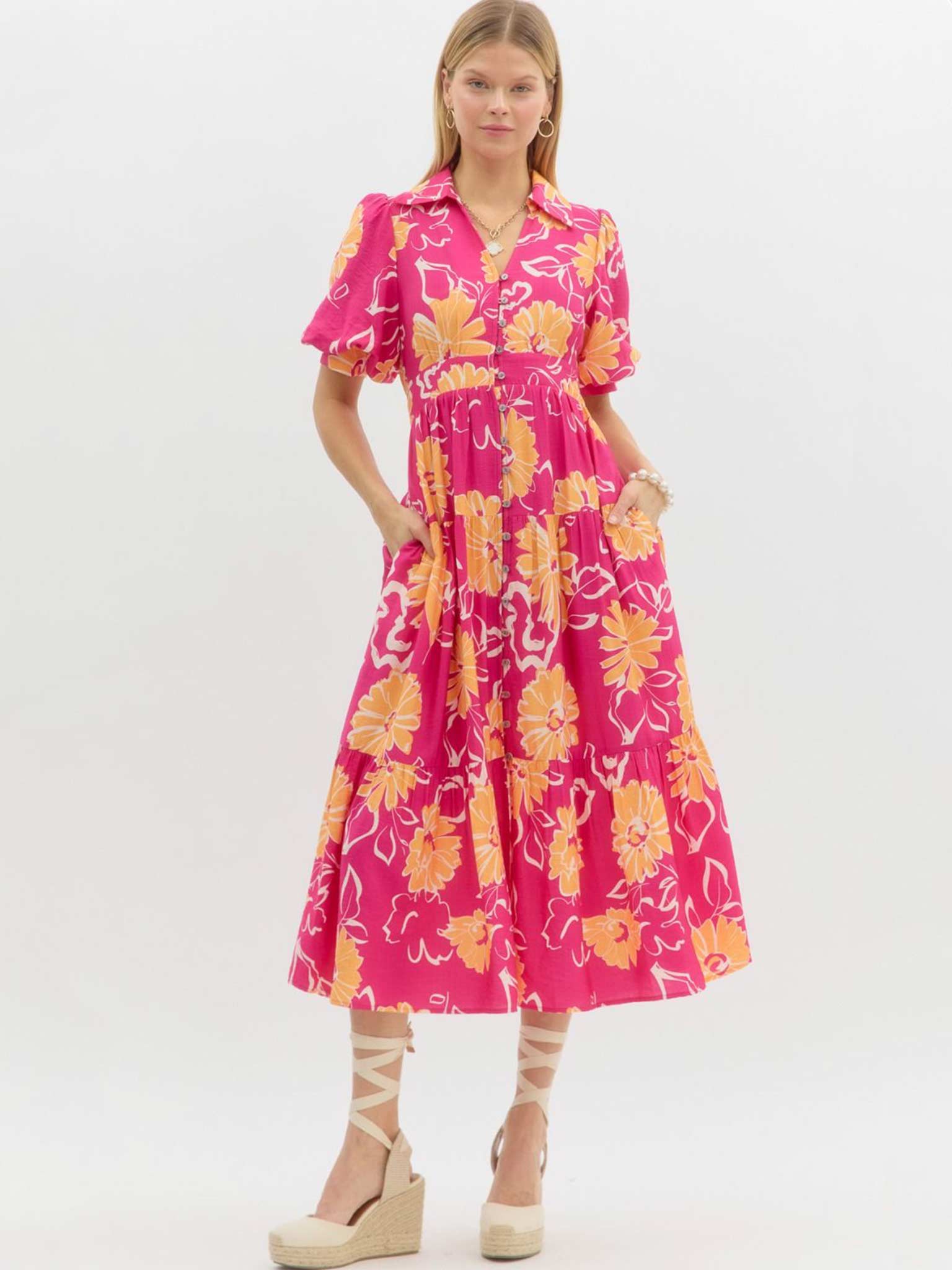 Entro Hot Pink Floral Print Tiered Midi Dress S