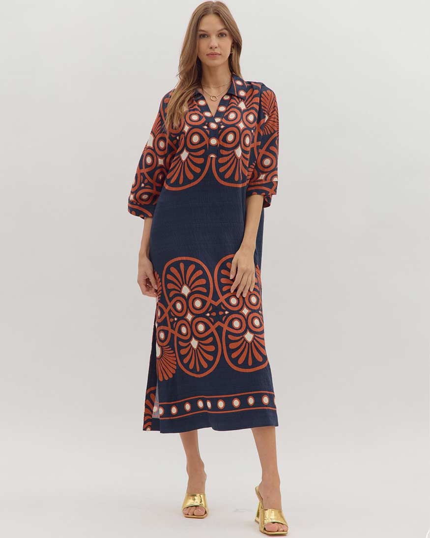 Entro Geometric Print Midi Dress Navy Half Sleeve Dress with Notch Collar and Pockets L Entro Geometric Print Midi Dress Navy Half Sleeve Dress with Notch Collar and Pockets L