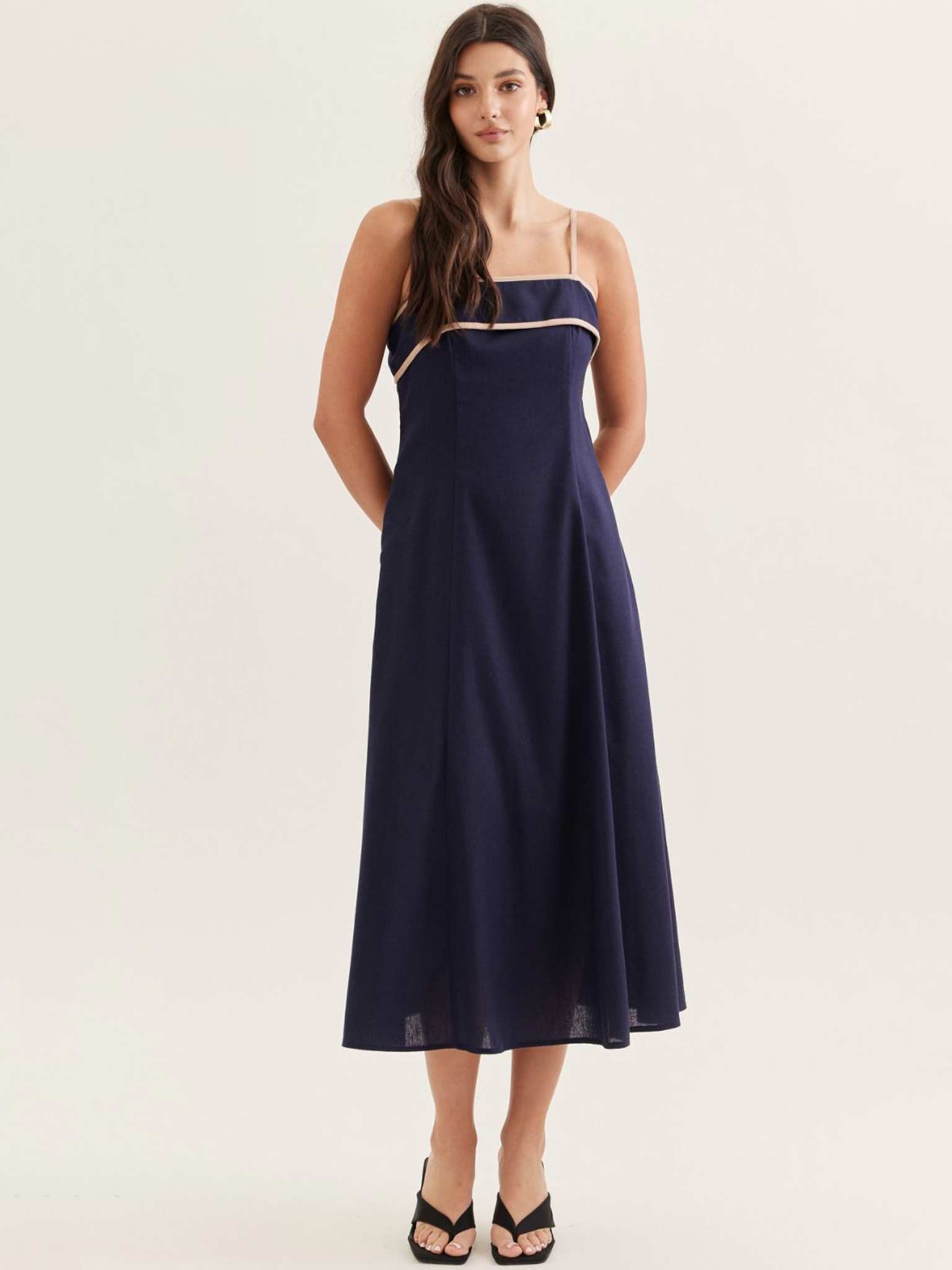 contrast trim midi dress Elegant Contrast Trim Midi Dress | Square Neckline