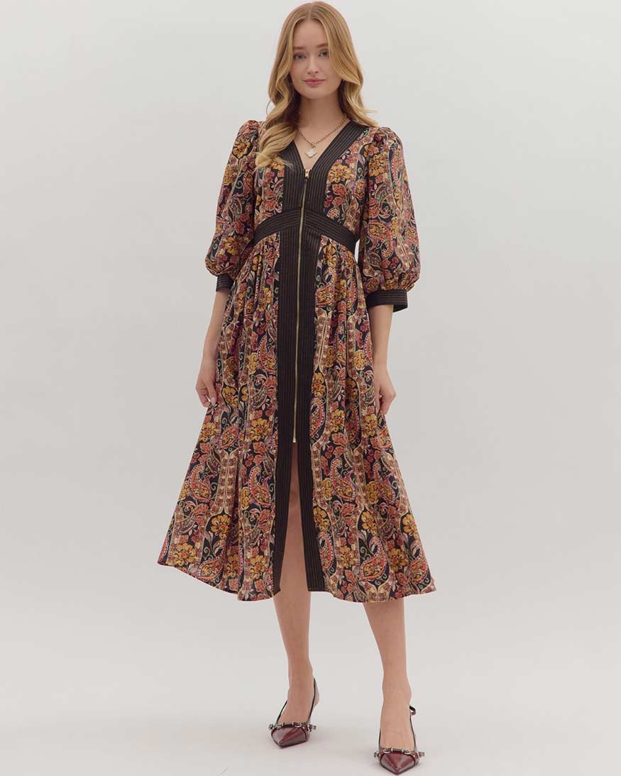 knee length dresses for ladies Entro Paisley Puff Sleeve Midi Dress – Zip Front Cotton Dress M