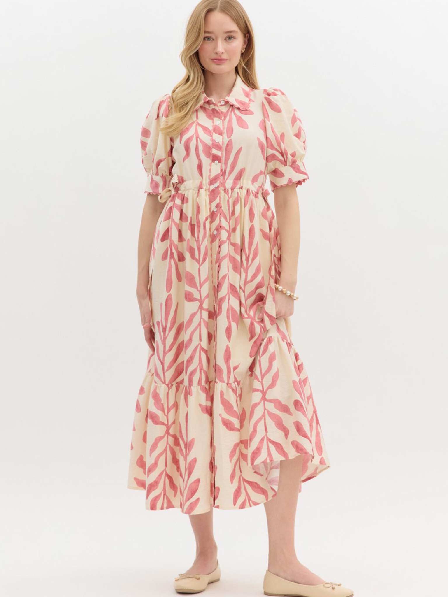 Pink Botanical Print Button Front Midi Dress | Entro M