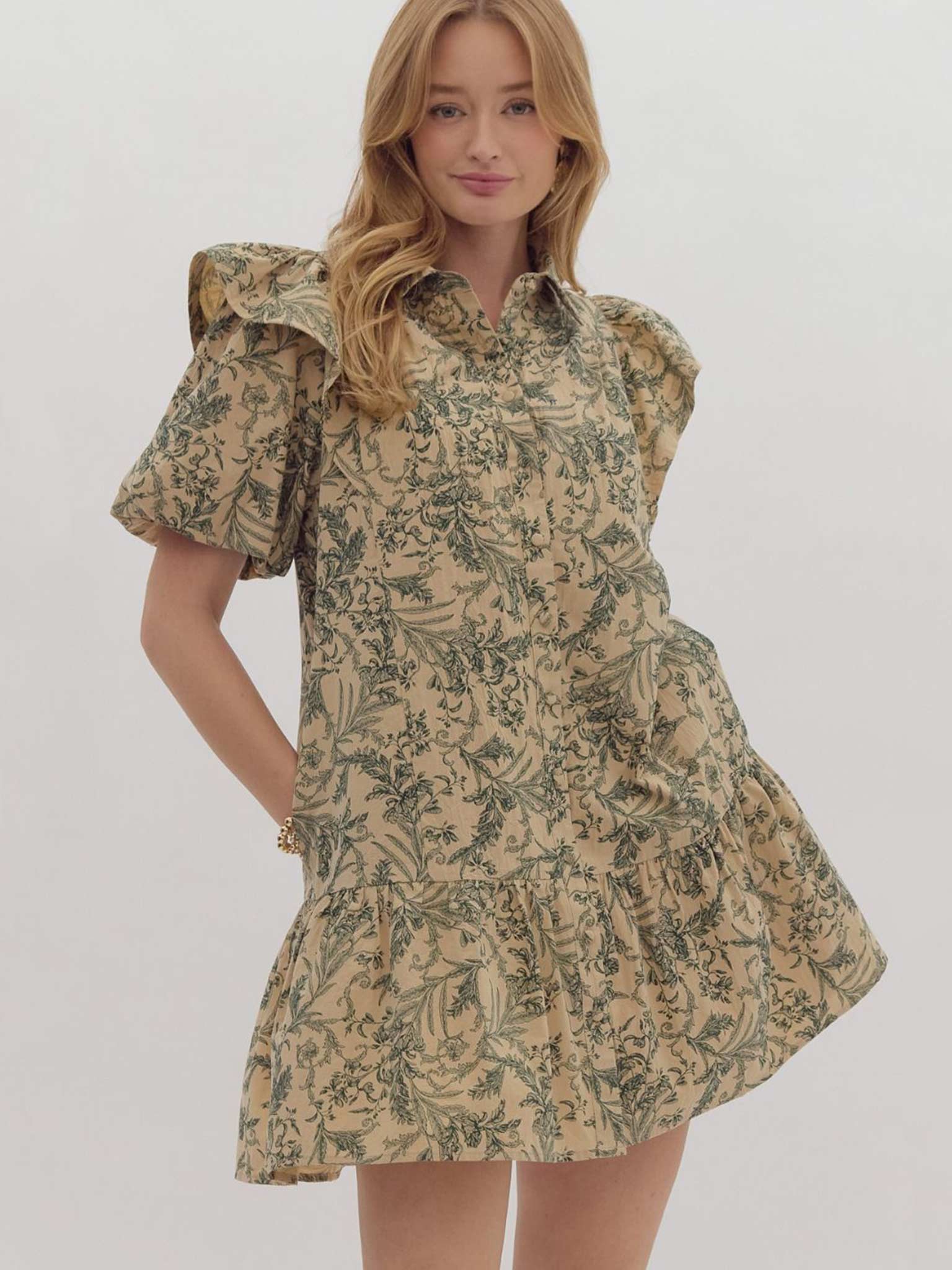 Printed Puff Sleeve Shirt Dress by Entro – Casual Camel Boutique