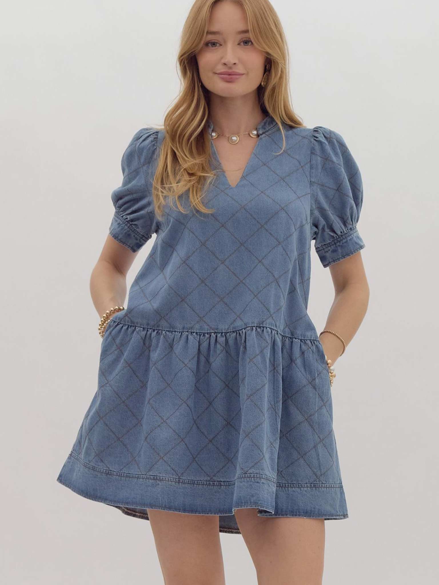 Denim Quilted Look Mini Dress S