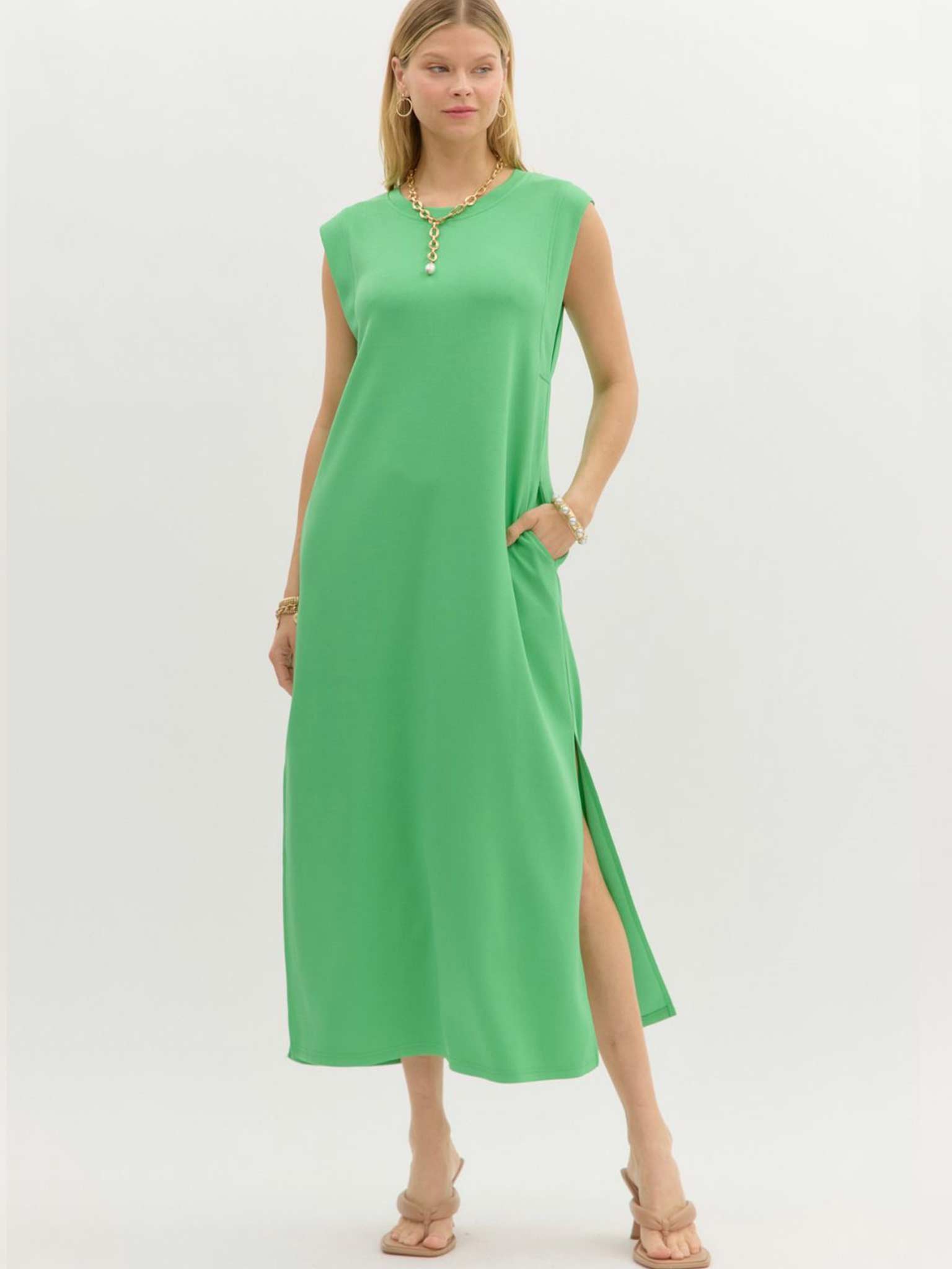 entro dress green Entro Soft Cap Sleeve Midi Dress Green / M