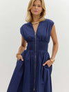 Entro Zip Front Midi Dress in Navy on model from front closeup of zipper detailing