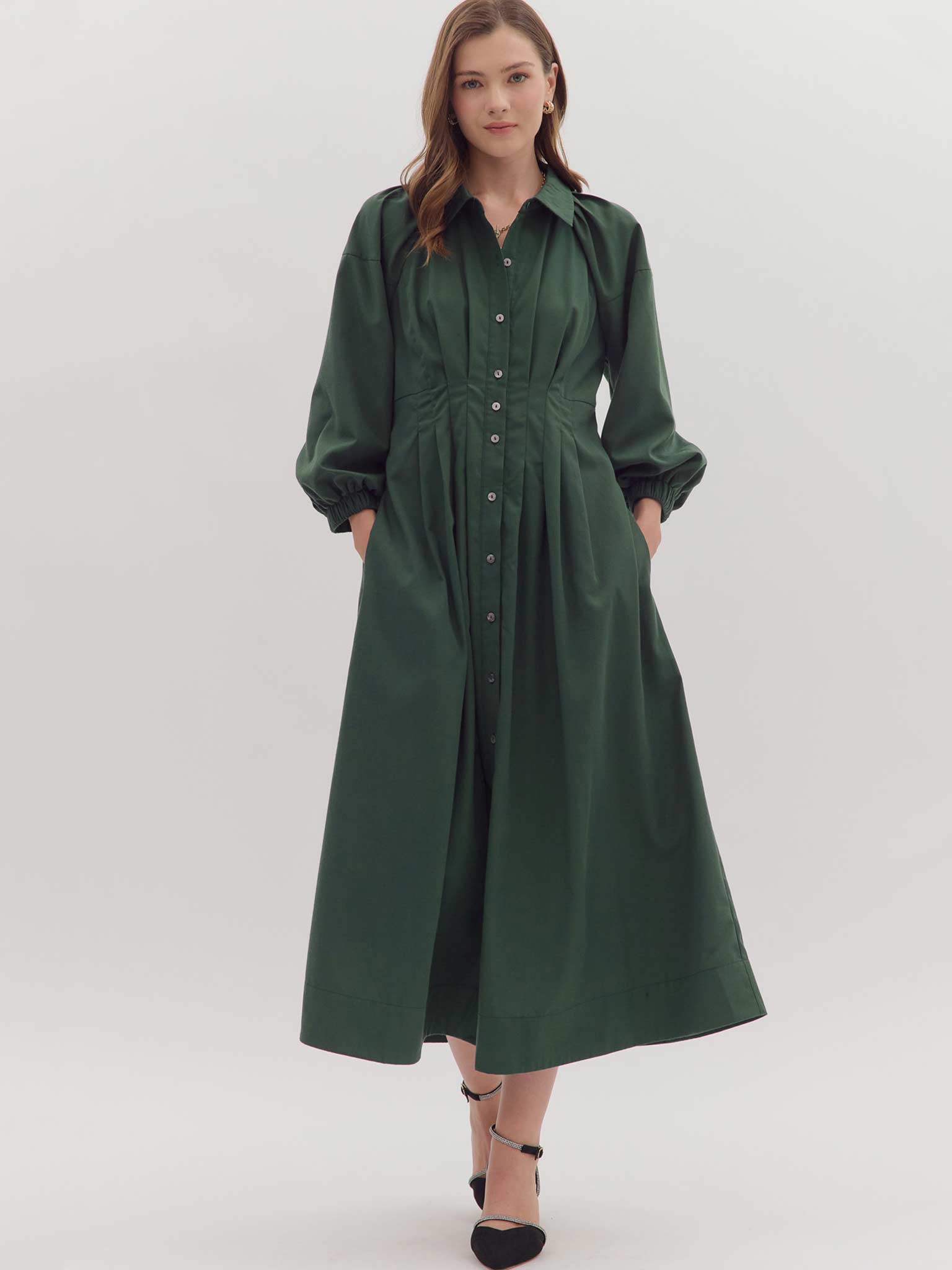 Entro Hunter Green Pleated Button Front Midi Dress L Entro Hunter Green Pleated Button Front Midi Dress L