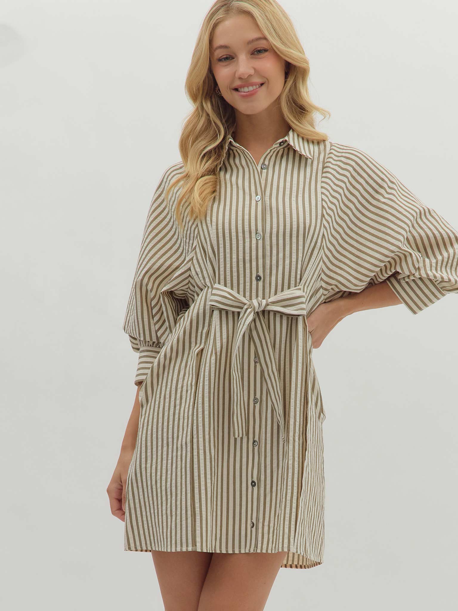 fitted lace wedding dress Entro Striped Button Front Mini Dress with Balloon Sleeves Olive / S