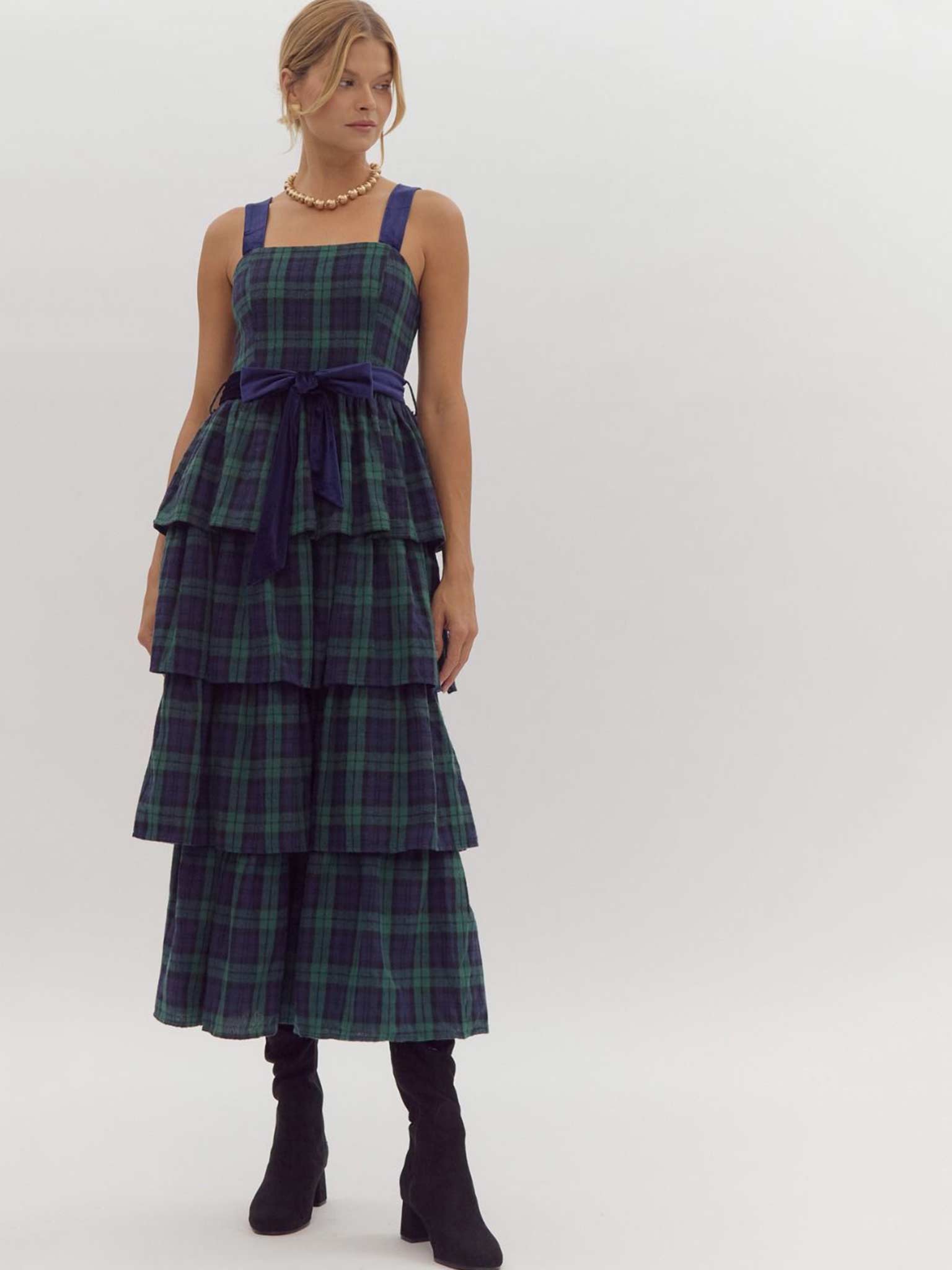 Green Tartan Tiered Maxi Dress