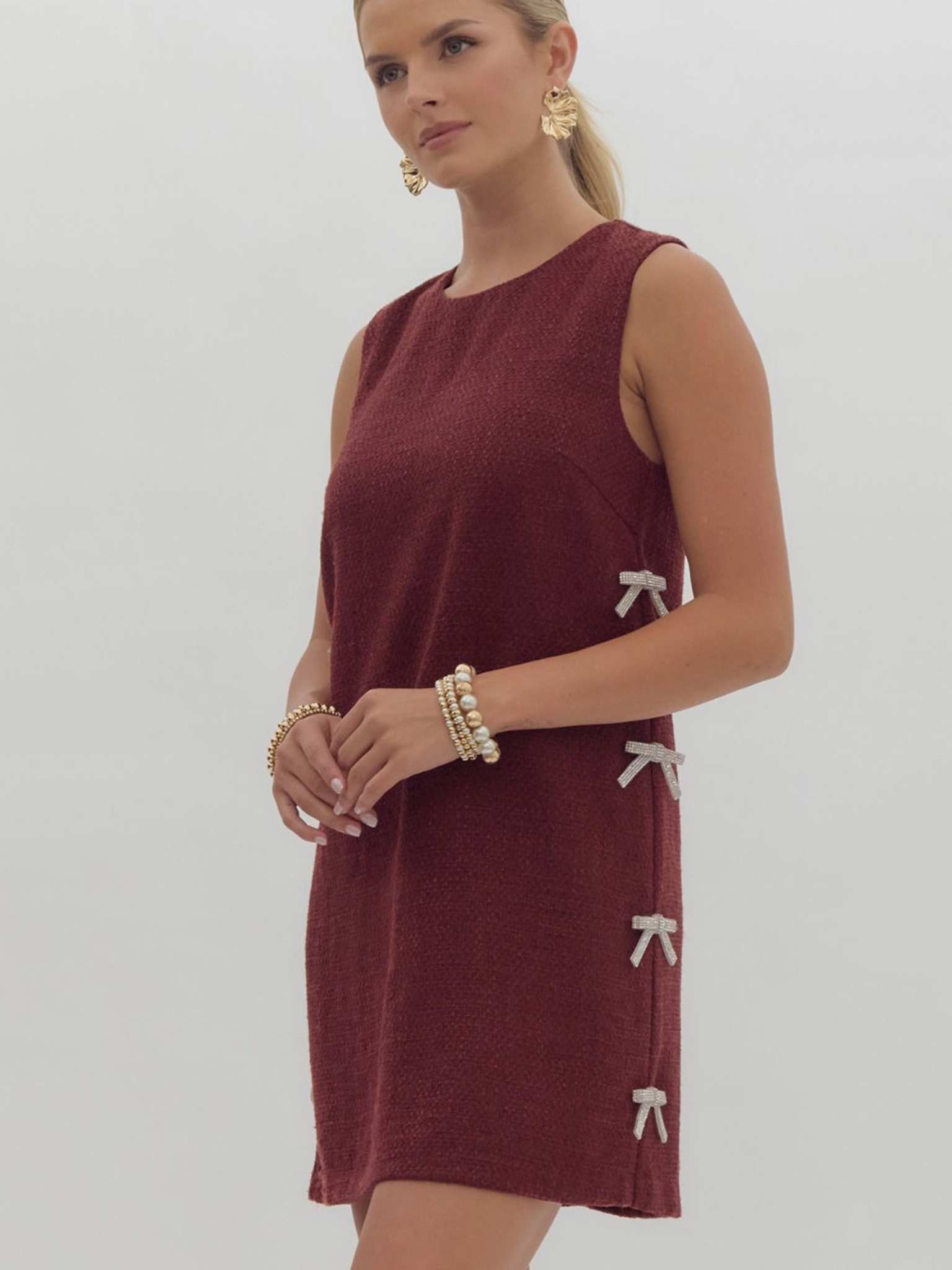 Textured Embellished Bow Mini Dress