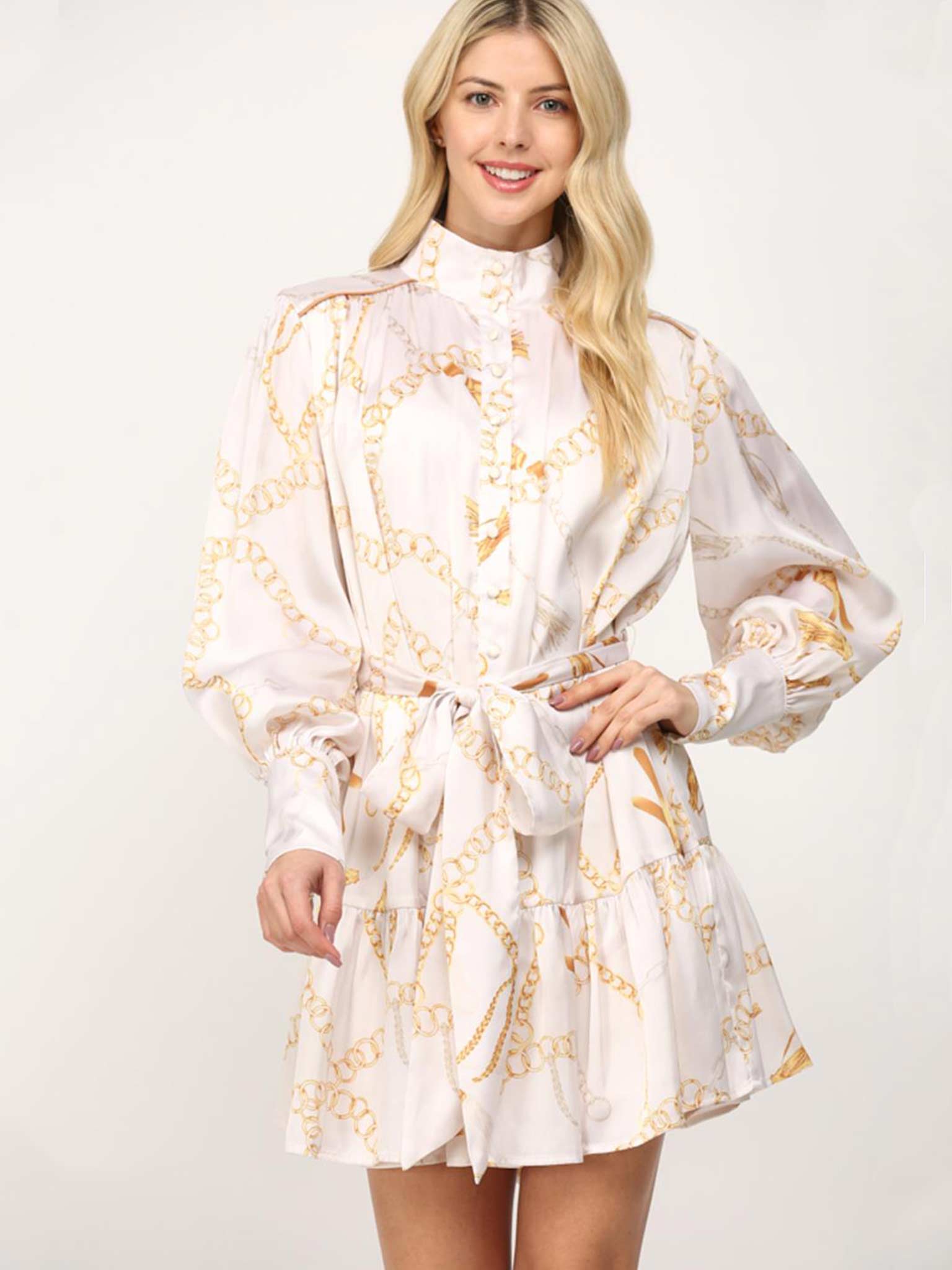 chain print mini dress Chain Print Satin Tie Waist Dress