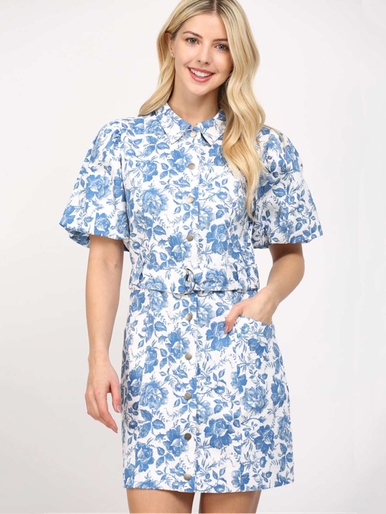 Puff Sleeve Floral Belted Button-Down Dress by Fate by LFD S