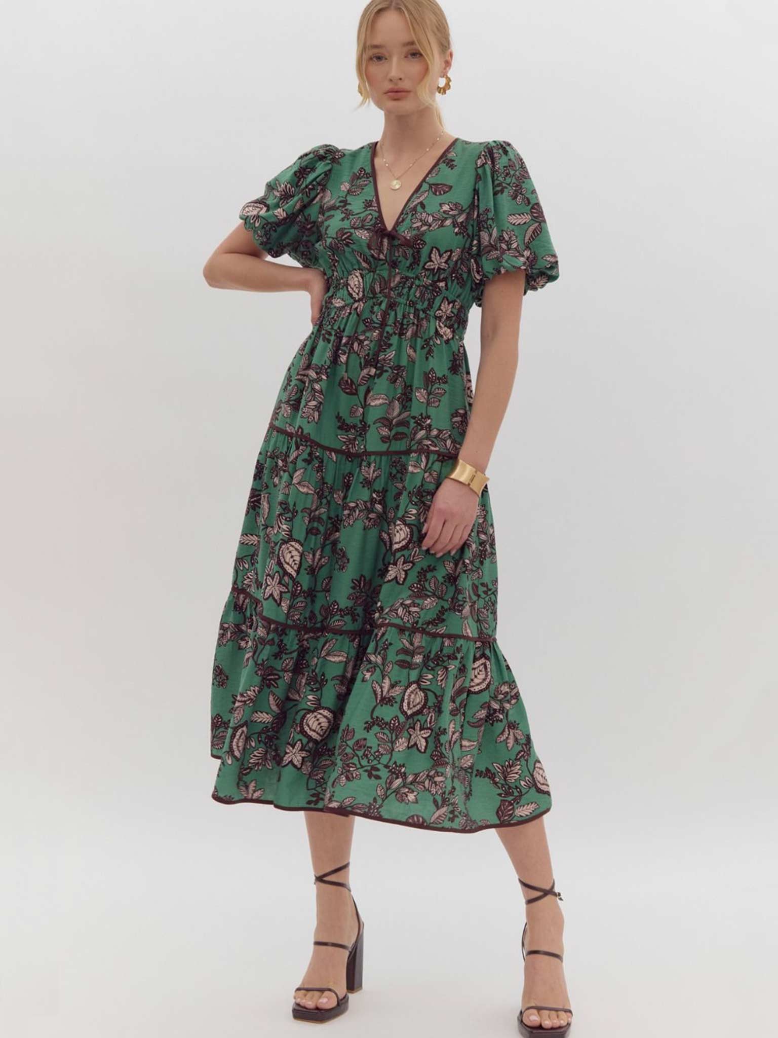 Green Floral Tiered Midi Dress by Entro M Green Floral Tiered Midi Dress by Entro M
