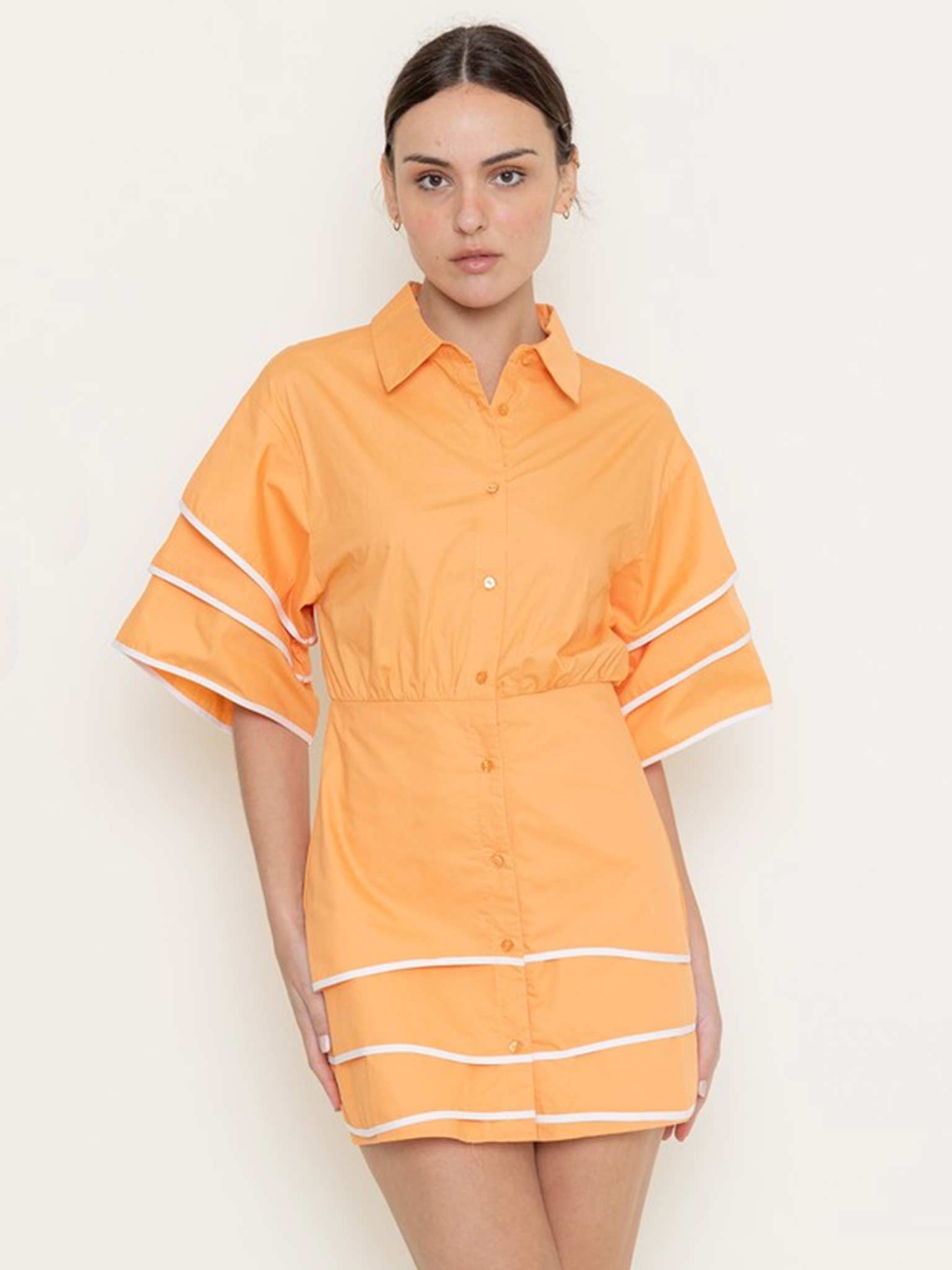 Contrast Piping Detail Short Sleeve Mini Shirt Dress – Orange