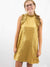 metallic gold ruffle neckline dress on model from front