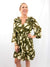 olive ruffle shoulder mini dress on model from front