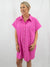 hot pink button up shirt dress on model