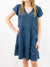 suede navy ruffle sleeve dress on model from front